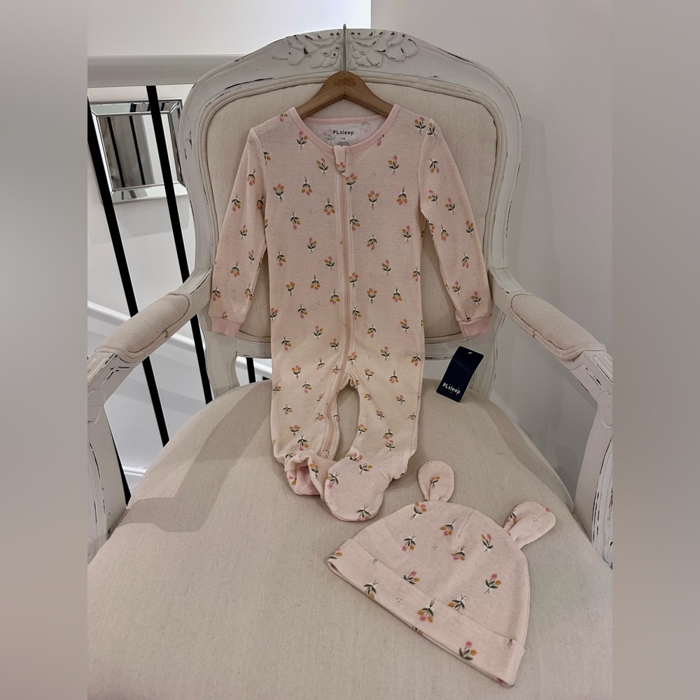 🦢 24 Mth Petit Lem Pink Floral Footed Cotton Baby Footie with Matching Bear Hat